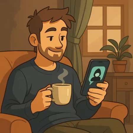 A bearded man comfortably sitting in an armchair, holding a steaming coffee cup in one hand and a smartphone in the other. He smiles while looking at the screen, where an anonymous silhouette is displayed. The indoor atmosphere is warm, with a plant, a curtain, and a window in the background.