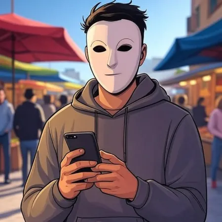 A young man with an animated style wearing a white mask and a gray hoodie, looking at his phone in an outdoor market.