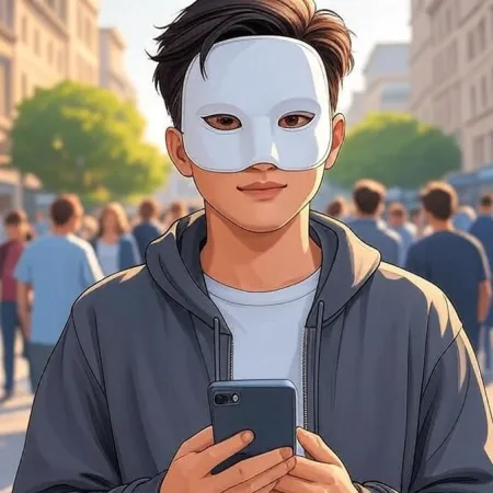 A young man with an animated style wearing a white mask and a gray hoodie looks at the camera while holding a smartphone in a crowded street.