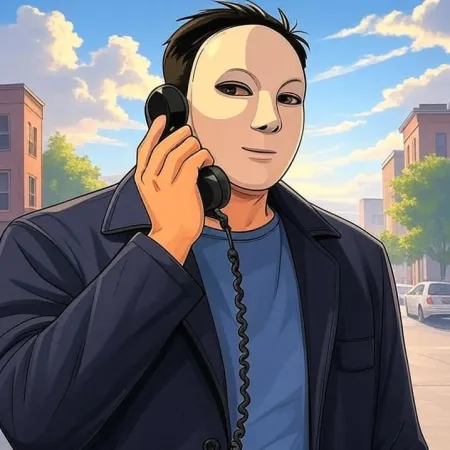 A man wearing a white mask, dark jacket, and blue t-shirt, talking into the receiver of an old-fashioned black phone, with a city street in the background.