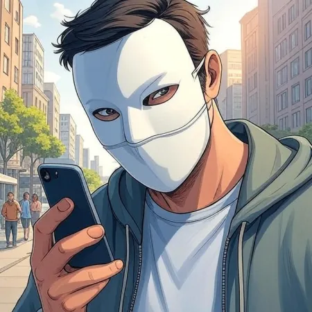 A man wearing a white mask and a hoodie is looking at his mobile phone on a city street. The image is done in a cartoon or comic style.