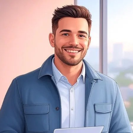 A smiling young man in casual professional attire at an office.