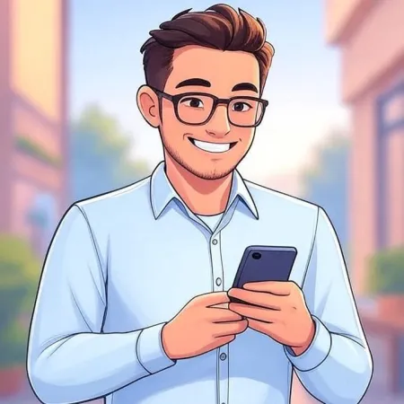 A smiling young man wearing glasses and a blue shirt, looking at his smartphone.