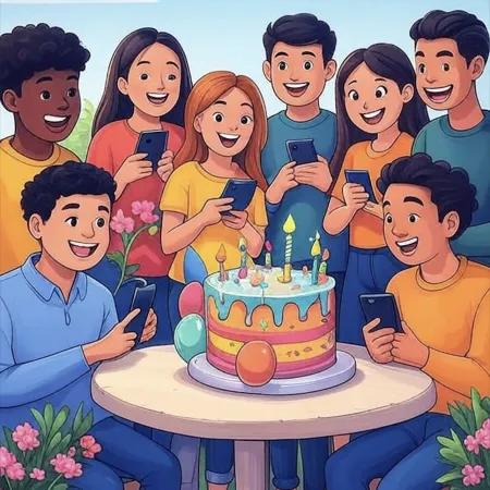 Group of smiling young people surrounding a colorful birthday cake with candles, balloons, and decorations, all while holding their phones.