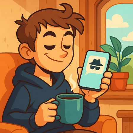 Illustration of a young man smiling, sitting comfortably with a cup of coffee, holding a smartphone displaying an anonymous message icon with a hat and black glasses