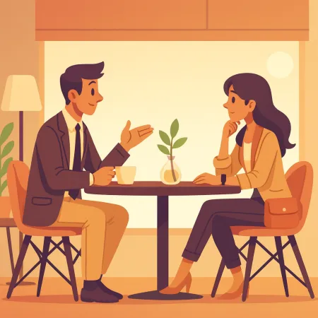 Illustration of two people discussing face to face in a café, a man in a suit and a woman in smart casual wear, sitting at a table with a small plant in the center.
