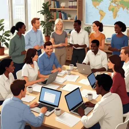 Illustration of a large diverse group of smiling colleagues gathered around a conference table with laptops, in a collaborative and joyful working atmosphere.